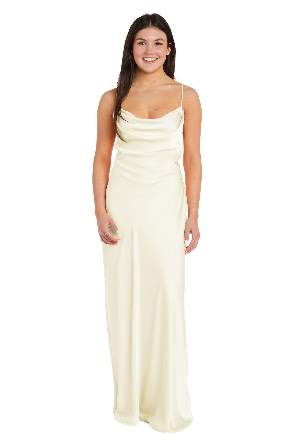 A woman faces forward, modeling the Morgan 10037N Cowl-Neck Long Satin Prom Dress—an affordable ivory gown with thin straps and a draped neckline—posed against a plain white background.